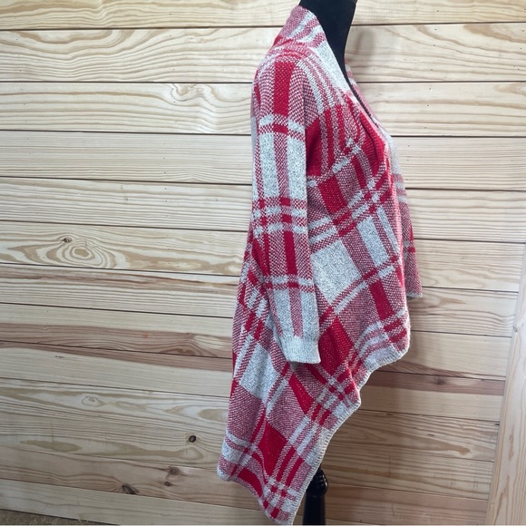 Open front cardigan gray and red winter cover up asymmetrical womens large - Picture 2 of 7